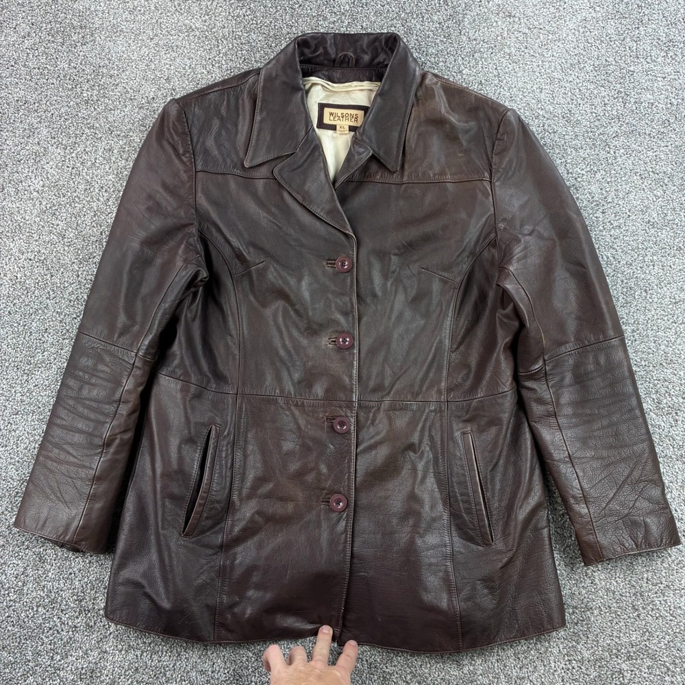 Wilsons Leather Jacket Women's XL Brown Leather Button Front Car Coat Blazer